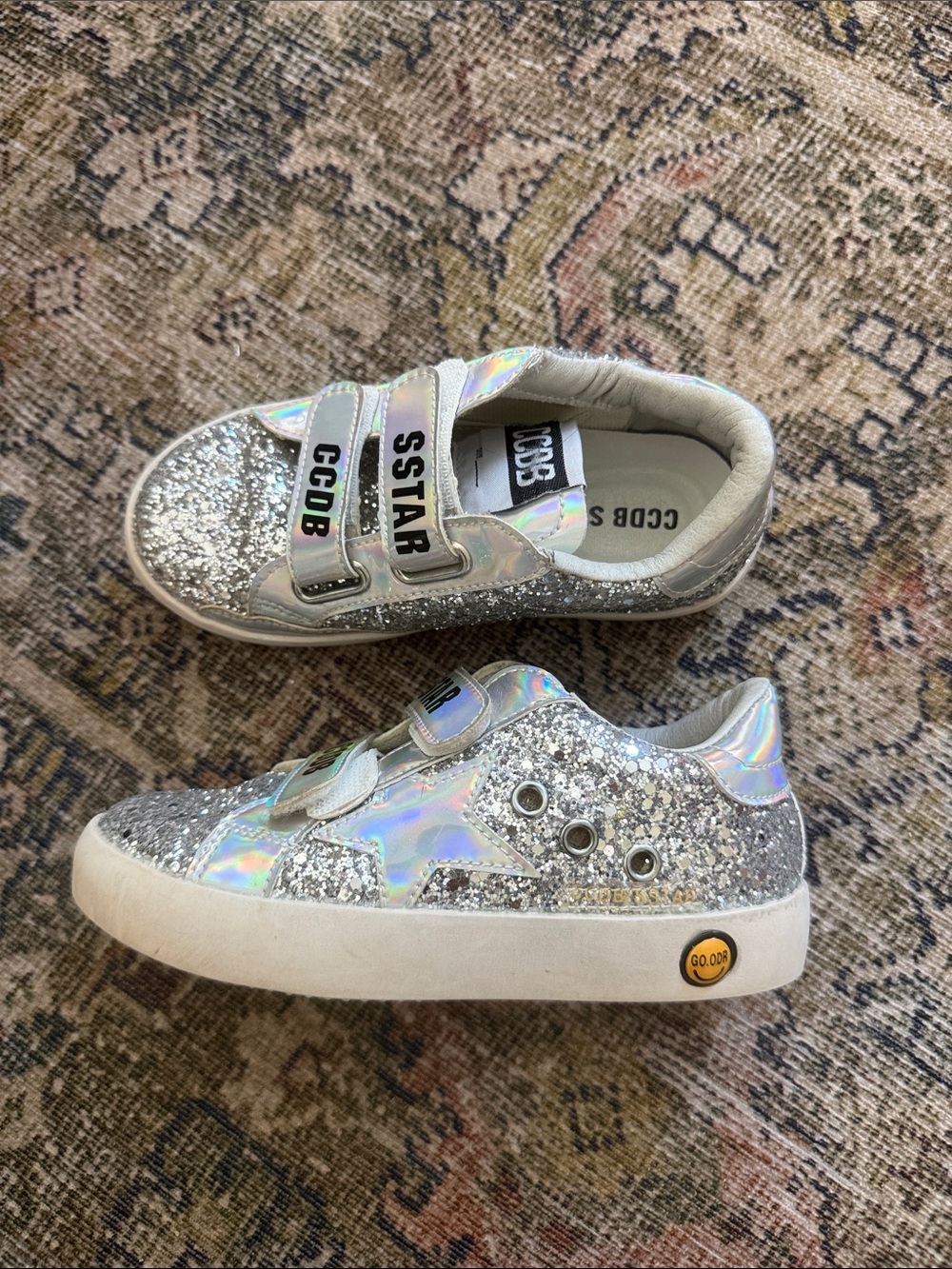 Kids Silver Glitter & Holographic Sneakers with Hook-and-Loop Straps